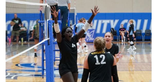 Nya Lual celebrates a block in the third set against Fort Scott Community College. (Daniel Stinman, North Platte Community College)